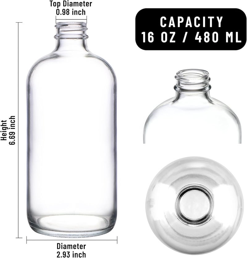 PINIWON 12 Pack 16 oz Clear Glass Bottles, Boston Round Sample Bottles with Black Poly Cone Caps, Labels and Funnels - Image 2
